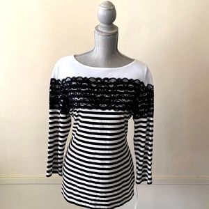 JOSEPH RIBKOFF LACE DETAIL🖤BLACK & WHITE🤍STRIPED WOMEN TOP PLUS SIZE 16🌟NWT🌟